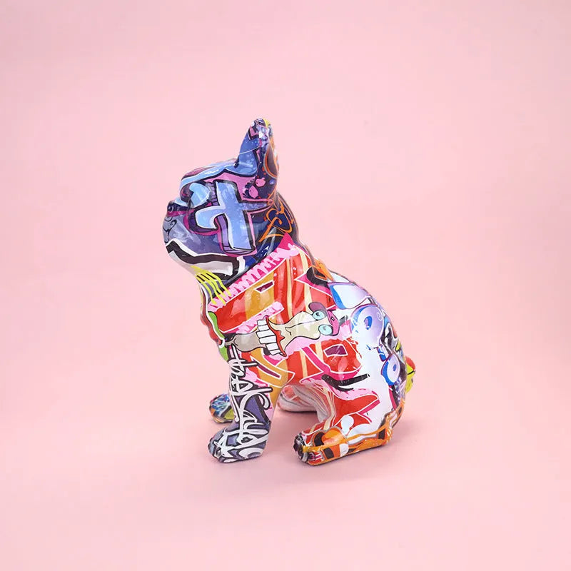 Modern graffiti-colour French Bulldog resin statue on a shelf