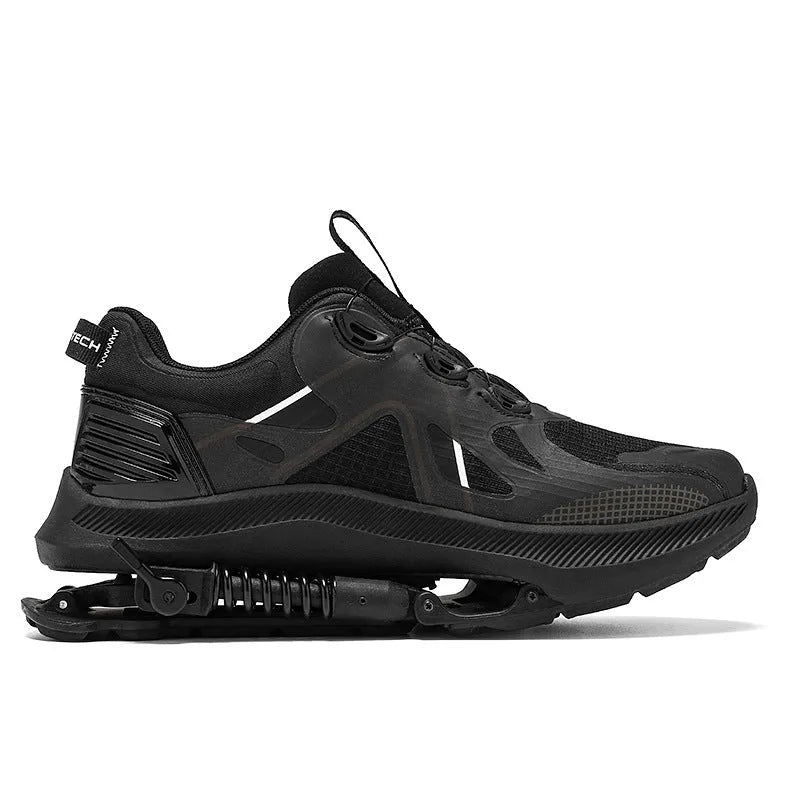 Black mid-top running shoes with mesh upper, leather stitching, and buckle closure on a rubber EVA sole.