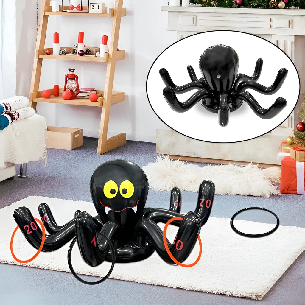 Assorted colourful PVC inflatable ferrule throwing toys in octopus, antlers, rabbit ears, Santa, spider, and witch hat styles.