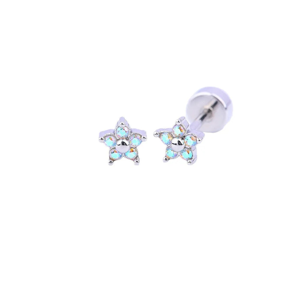 Titanium steel copper-plated gold micro inlaid zirconium five-petal plum flower ear studs in blue colour