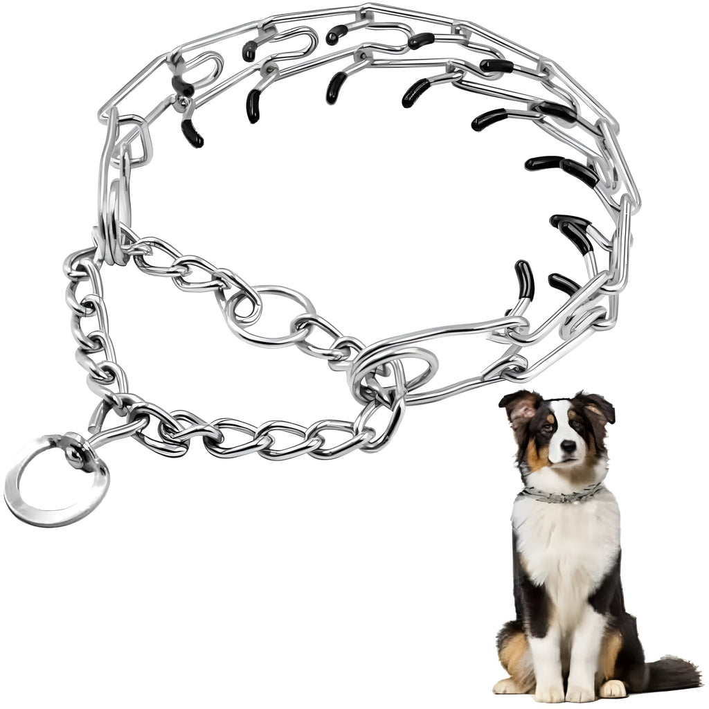 Stainless steel dog prong training collar with round head links and comfort rubber tips