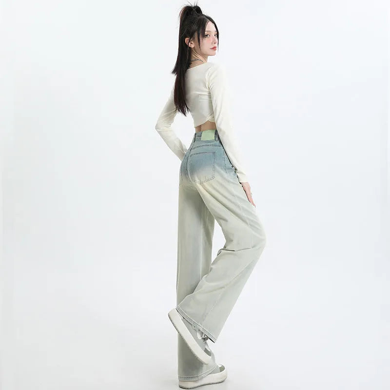 Women's gradient blue cotton denim straight-leg wide-leg trousers laid flat