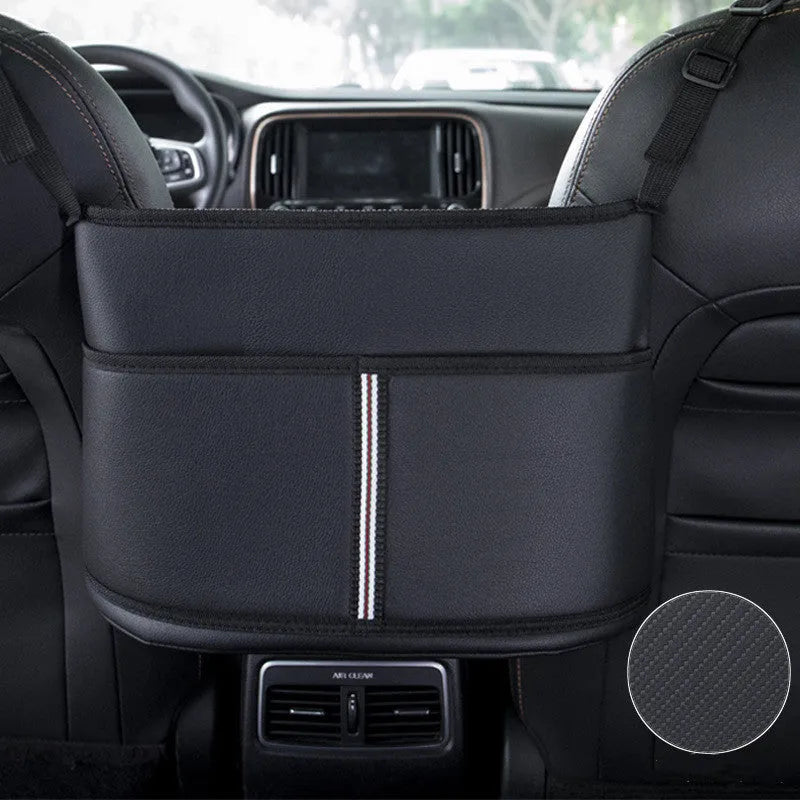 Black leather car seat storage organiser with sports carbon fibre pattern measuring 38x24x15cm