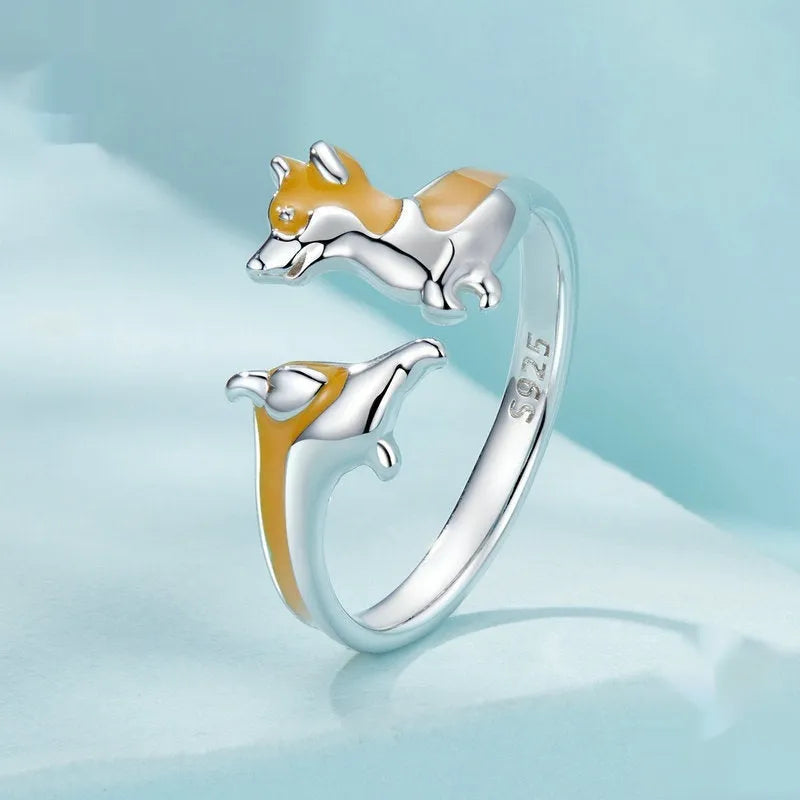 Silver electroplated ring with cartoon corgi design for women, colour SCR1014-E