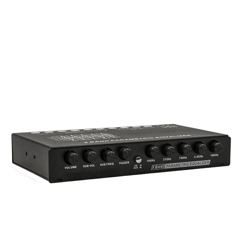 Black car audio equaliser amplifier with frequency control knobs and compact 18.5cm design