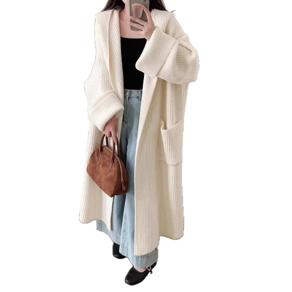 Loose grey hooded cardigan coat for women with raglan sleeves, shown open as an oversized layer.