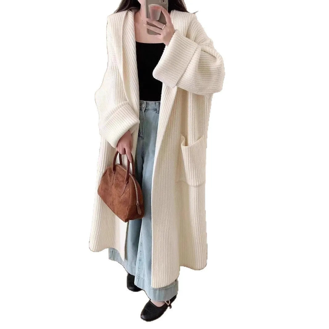 Loose grey hooded cardigan coat for women with raglan sleeves, shown open as an oversized layer.