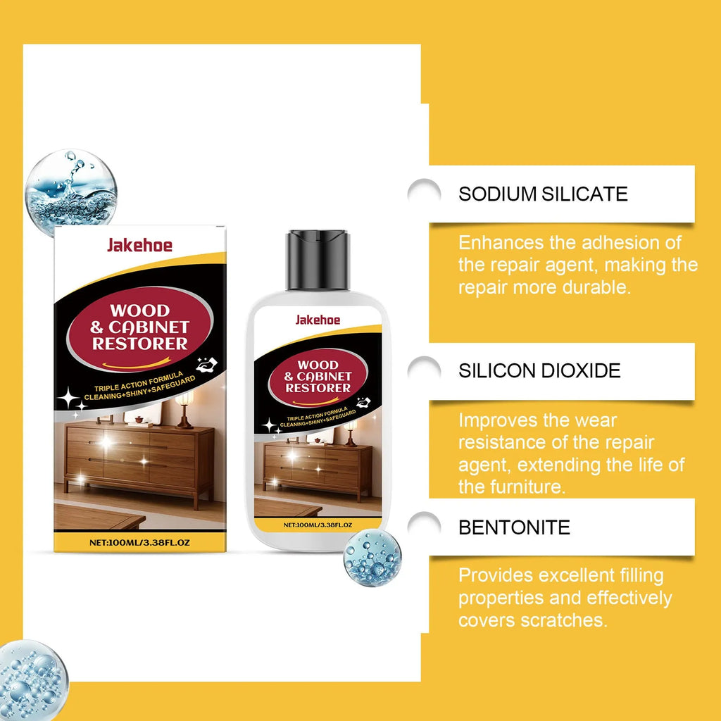 Wooden furniture scratch care solution kit showing 100ml bottle and 20x20cm microfiber cloth on packaging
