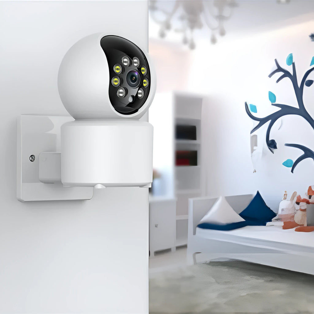 White 360-degree rotating indoor WiFi smart camera on a stand.