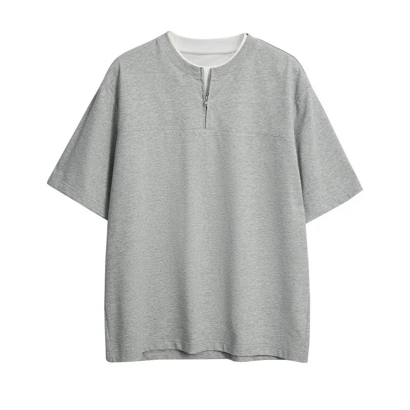 Loose solid colour patchwork top with collar in cotton blend fabric