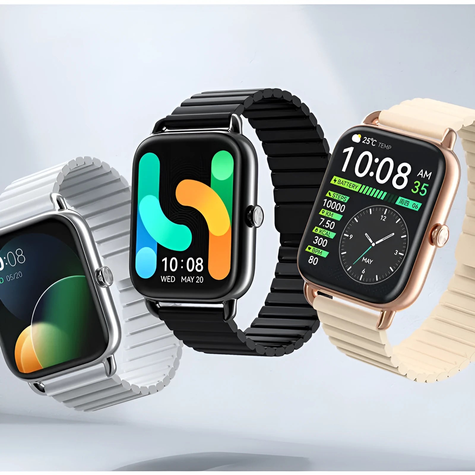 HAYLOU RS4 Plus black smartwatch with AMOLED display on a wrist, showing fitness stats.