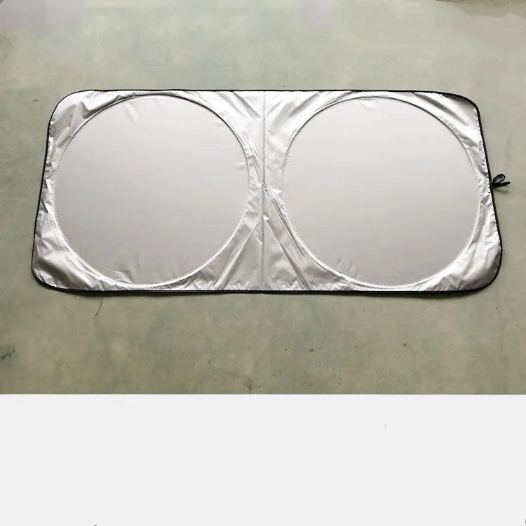 Silver tape car sunshade measuring 190cm by 90cm with storage cloth bag