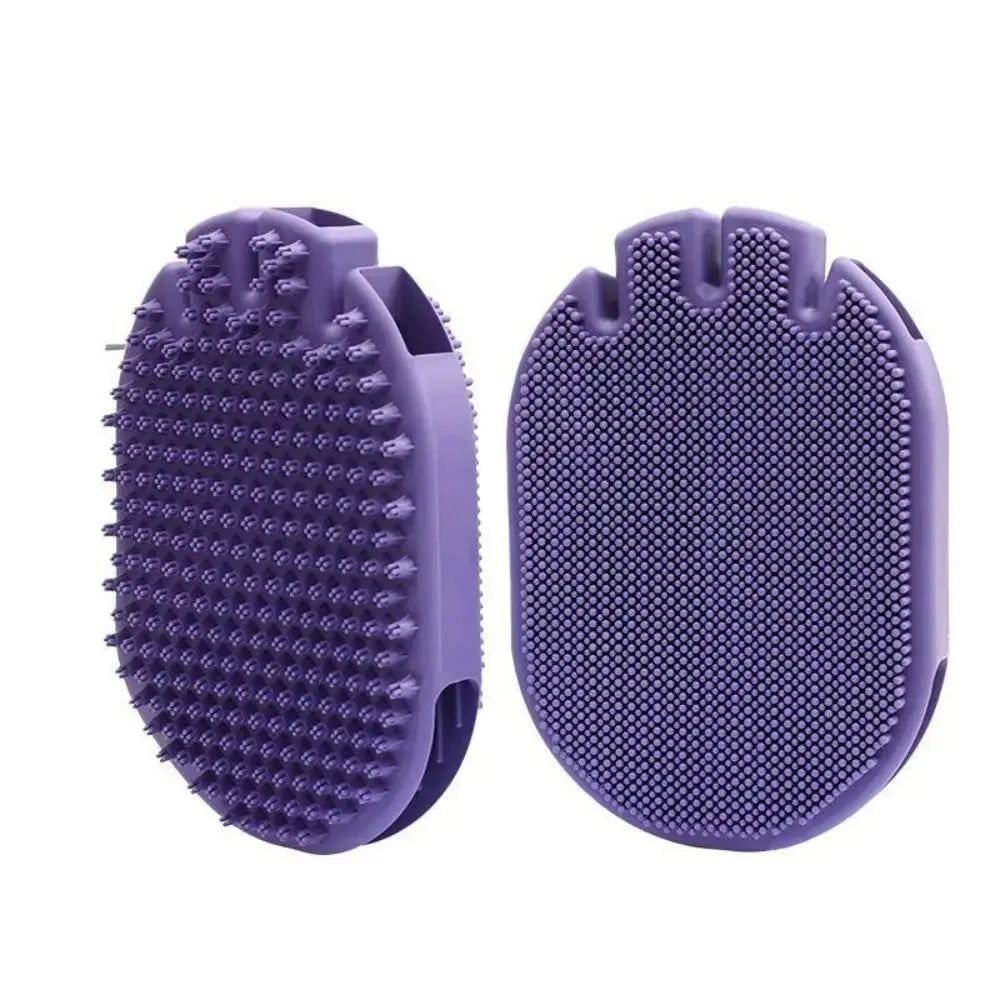 Purple dual-sided pet shampoo massage brush with soft TPR bristles and ergonomic handle.