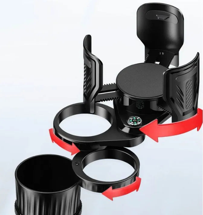 Black retractable car cup holder with adjustable base on a car dashboard.