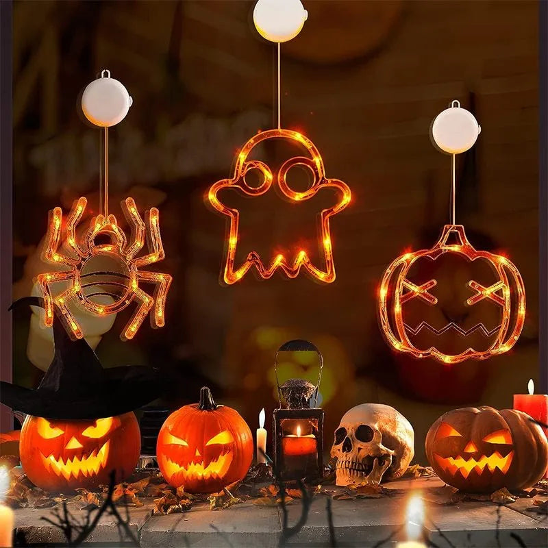 Halloween window hanging LED lights with ghost, spider, and pumpkin designs