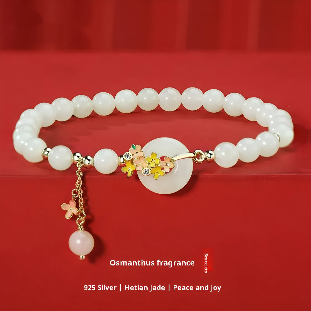 Osmanthus Peace Buckle S925 sterling silver natural Hetian jade women's bracelet with 6mm round stones