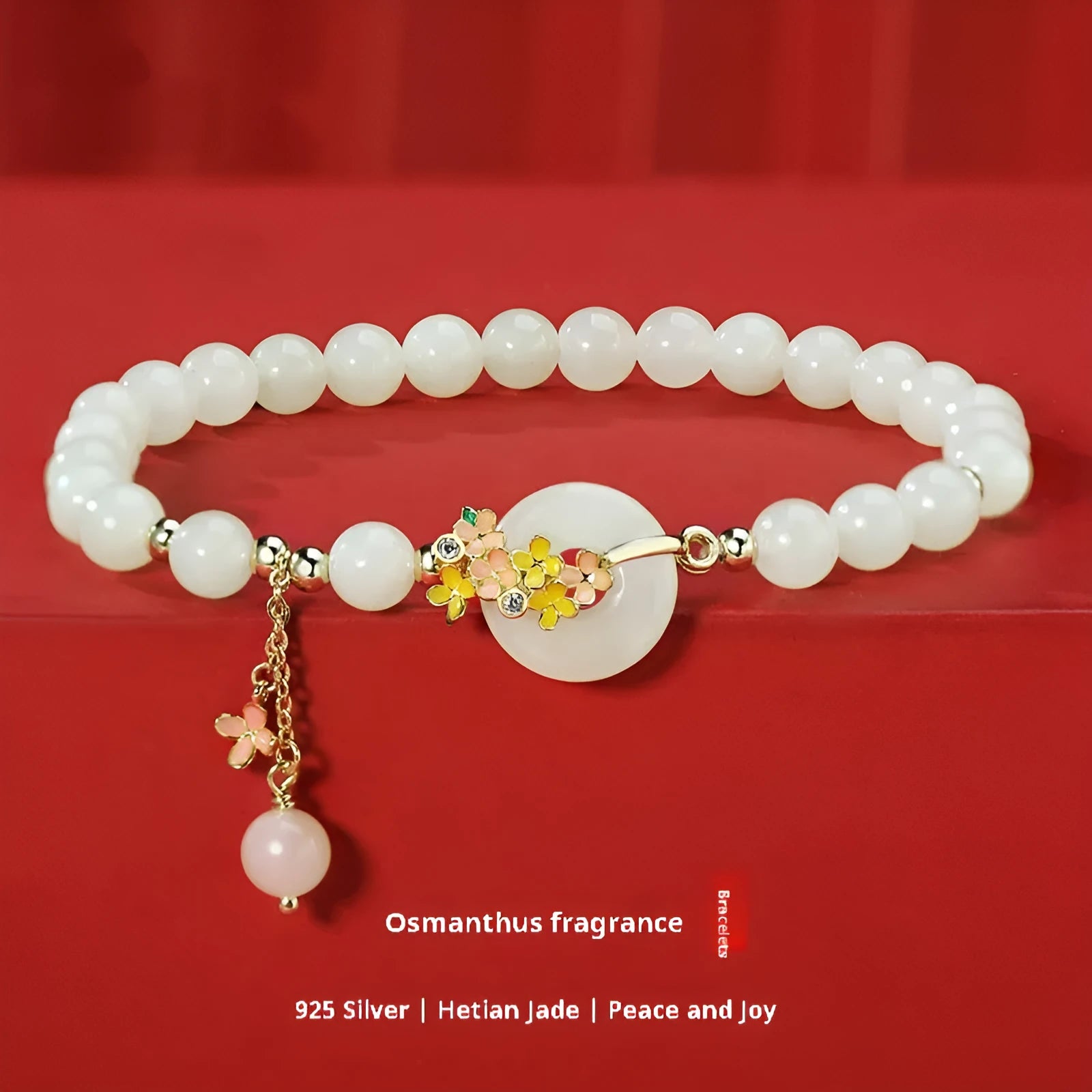Osmanthus Peace Buckle S925 sterling silver natural Hetian jade women's bracelet with 6mm round stones