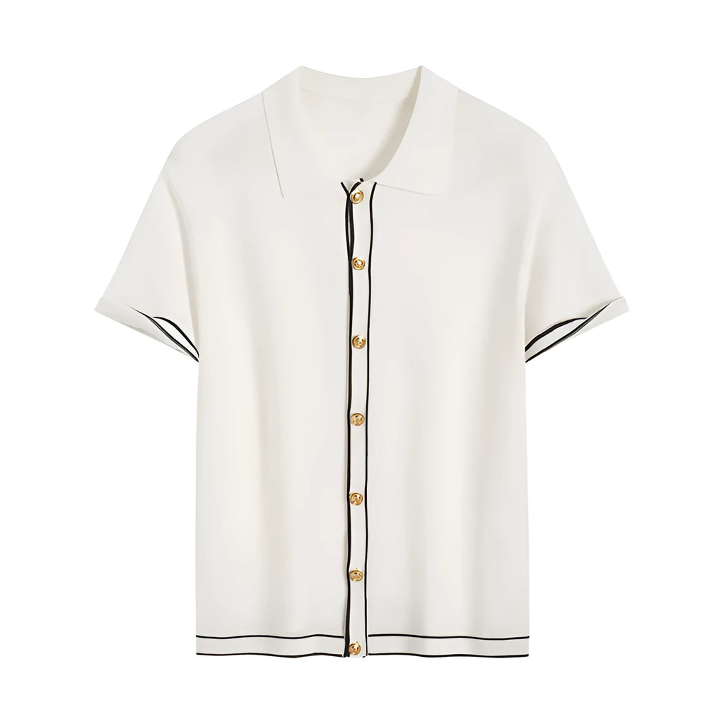 White women's cardigan with contrasting colour lapels and short sleeves.