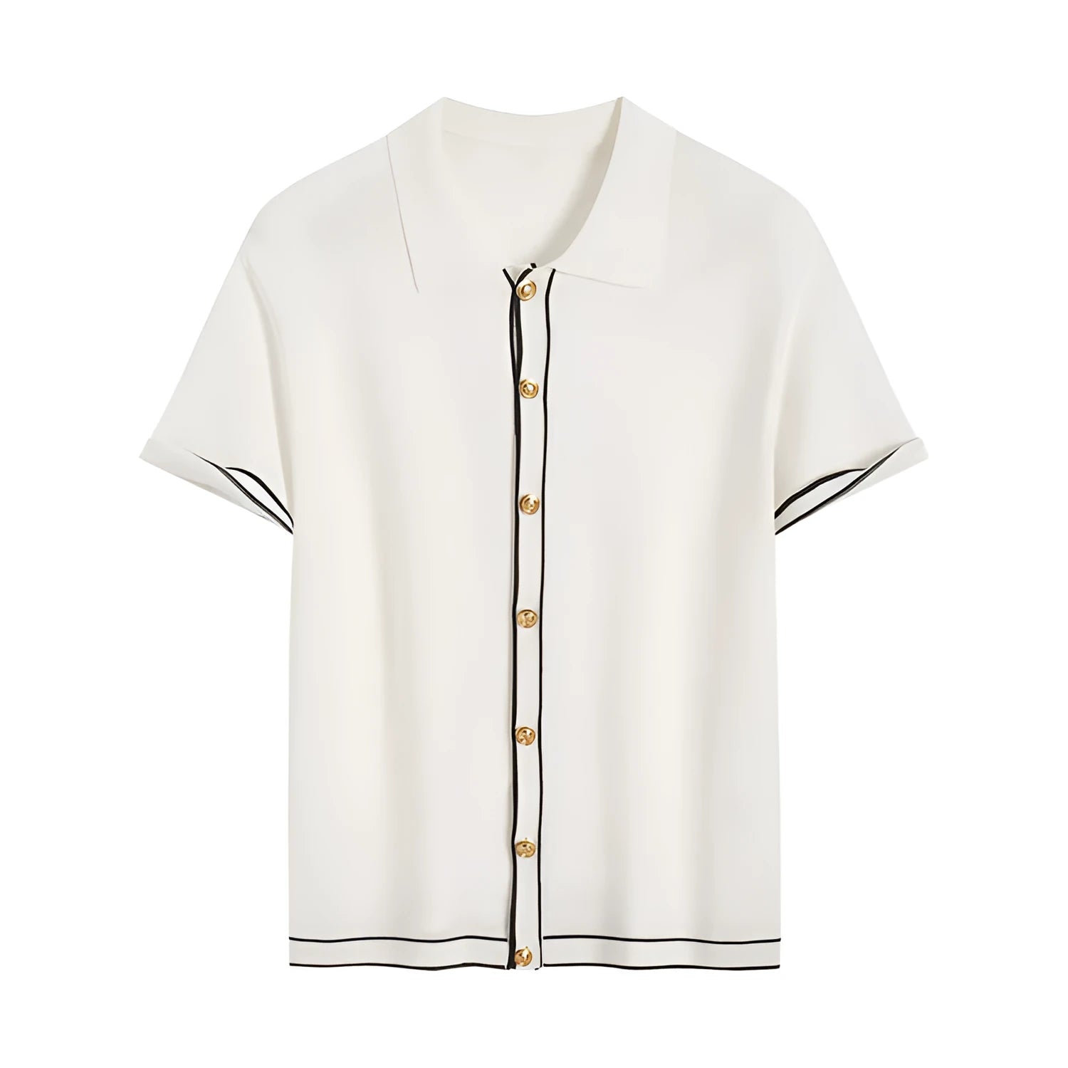 White women's cardigan with contrasting colour lapels and short sleeves.