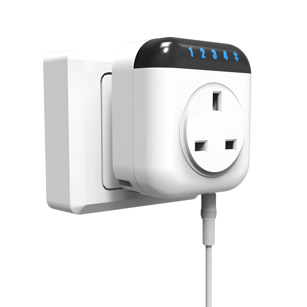 White Tuya smart temperature control switch socket with US 3-pin outlet and separate temperature sensor probe.