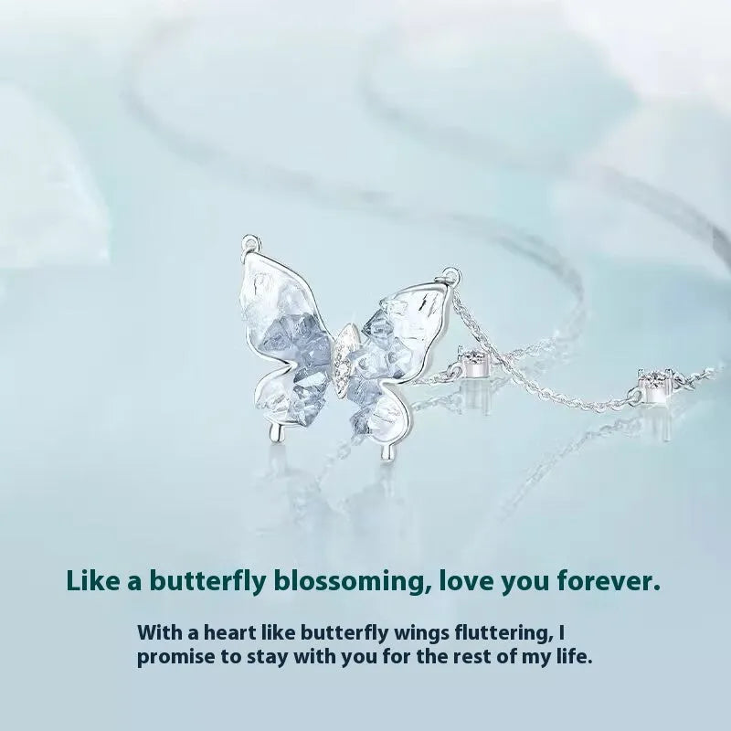 Bingyu Butterfly S925 silver necklace with O‑ring chain and adjustable 41‑50 cm length.