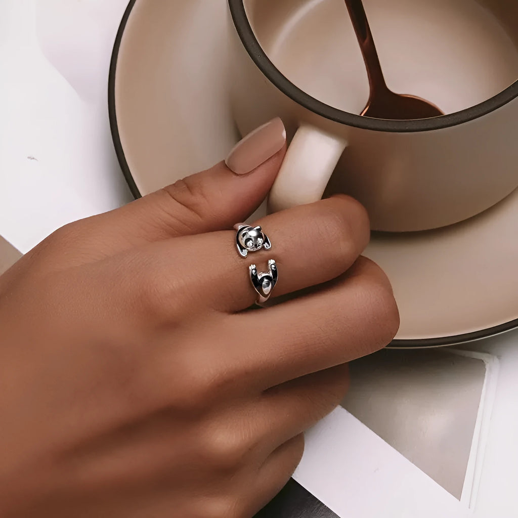 Adjustable panda open ring in sterling silver with white gold plating showing SCR969-E colour variant