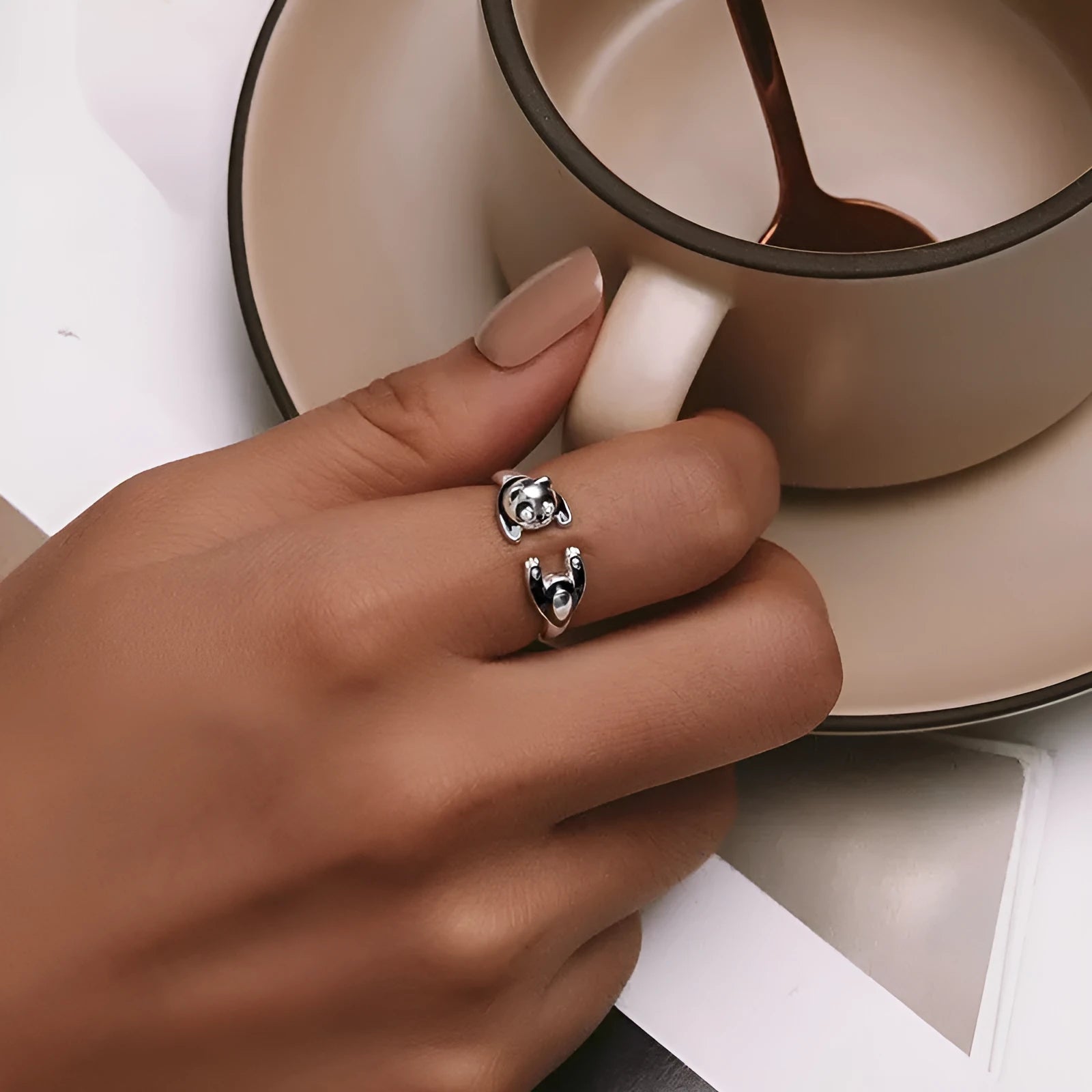 Adjustable panda open ring in sterling silver with white gold plating showing SCR969-E colour variant