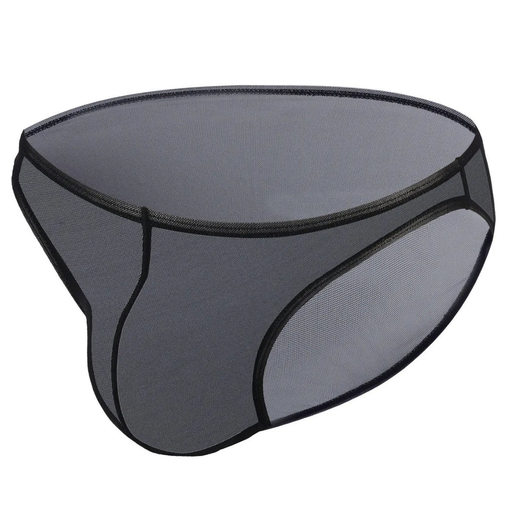Mannequin wearing black low waist ice silk nylon men's briefs, showing triangle brief style.