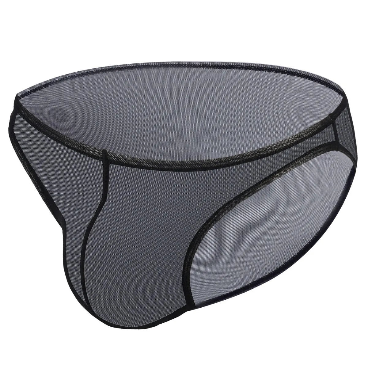 Mannequin wearing black low waist ice silk nylon men's briefs, showing triangle brief style.