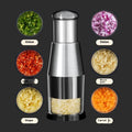 Black manual garlic press and vegetable chopper with stainless steel blades measuring 6x16cm