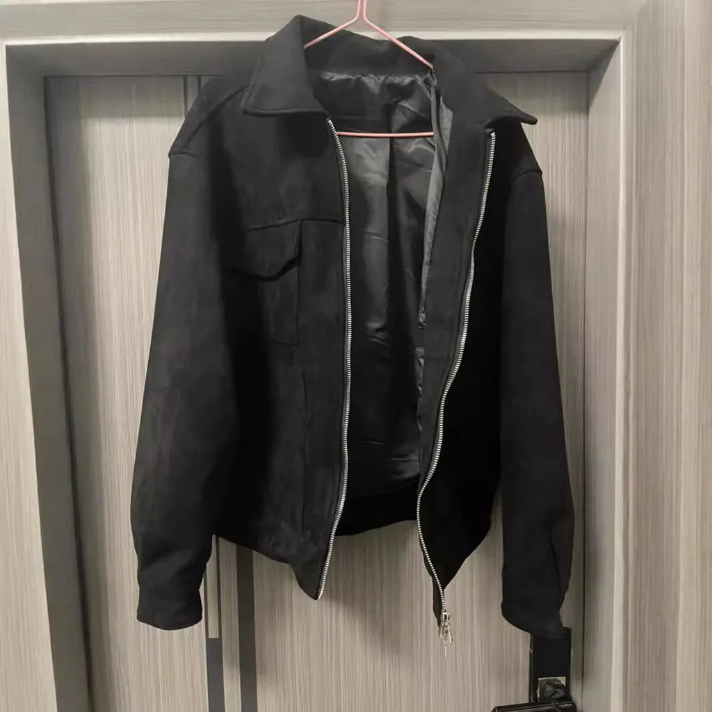 Slim-fit men's jacket with zipper, large pockets, and straight hem in camel, black, or dark grey.