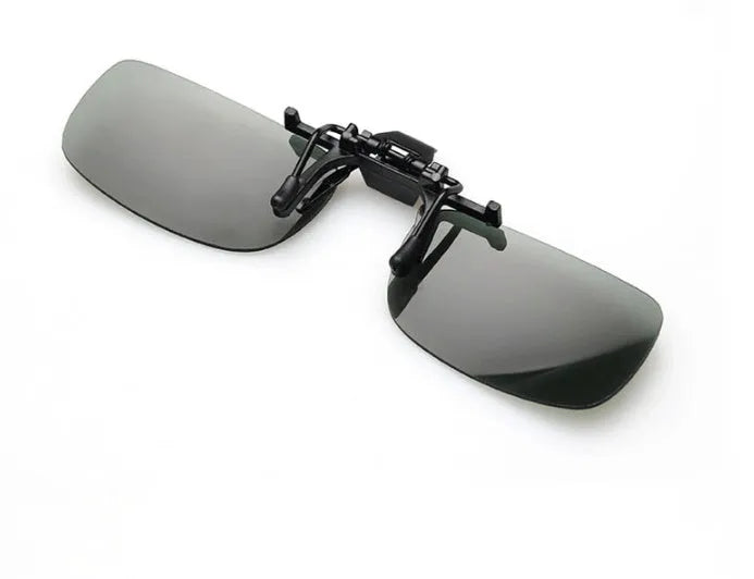 PC plastic clip-on sunglasses for prescription glasses in dark green, grey, and night vision tints