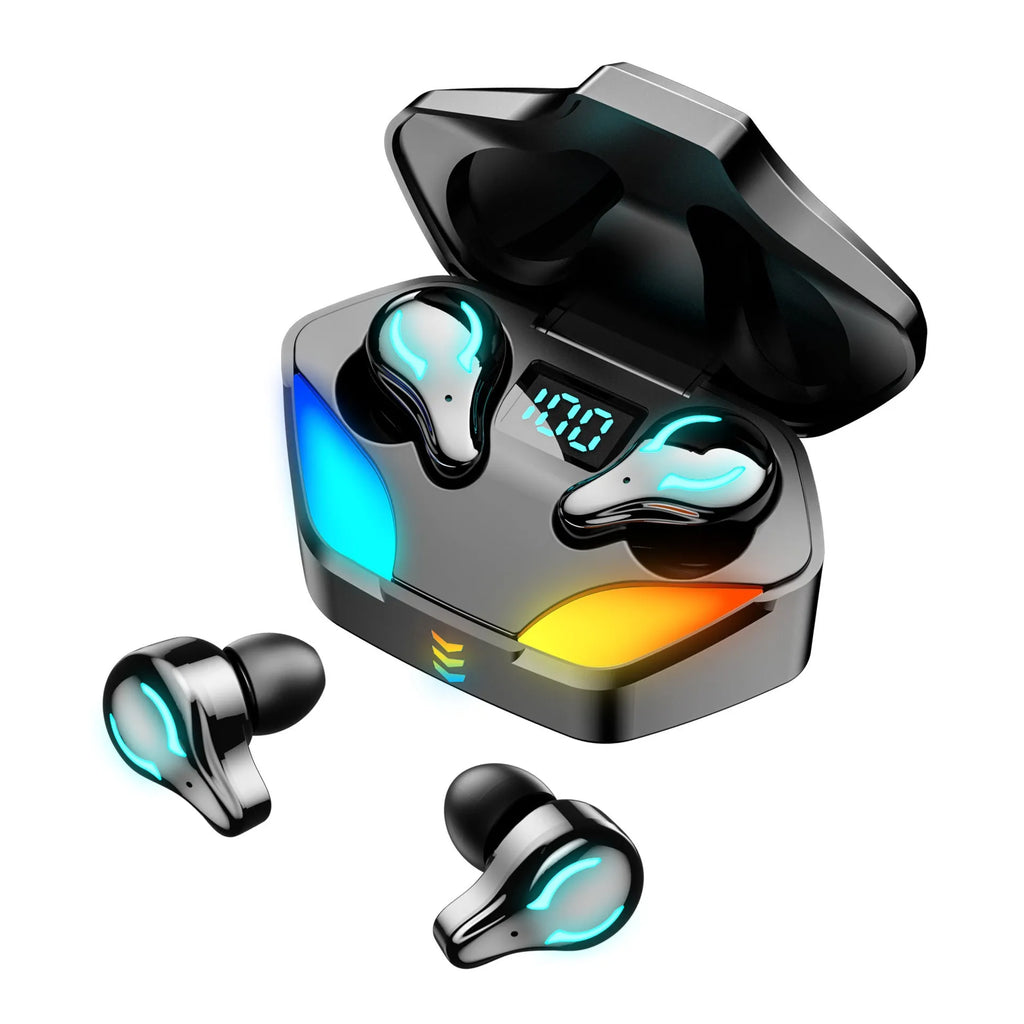 Black in-ear Bluetooth gaming headset with microphone, shown with a smartphone displaying a game.