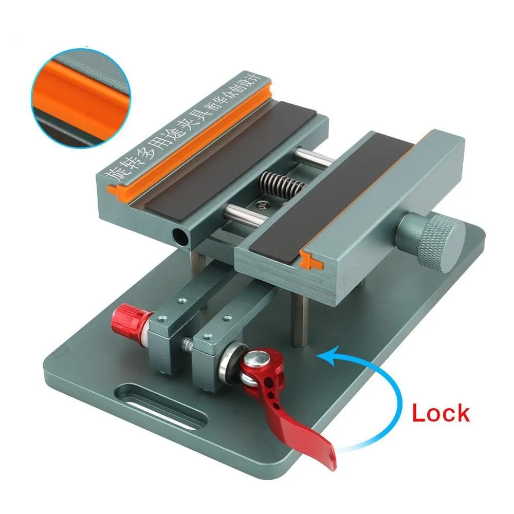 Mobile phone repair fixture with adjustable arms and silicone grips, shown with a demolition crowbar.