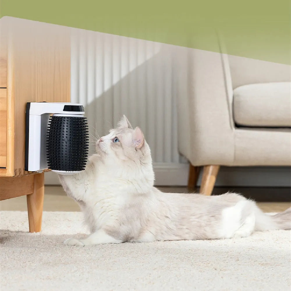 White automatic cat self groomer wall corner brush mounted in corner