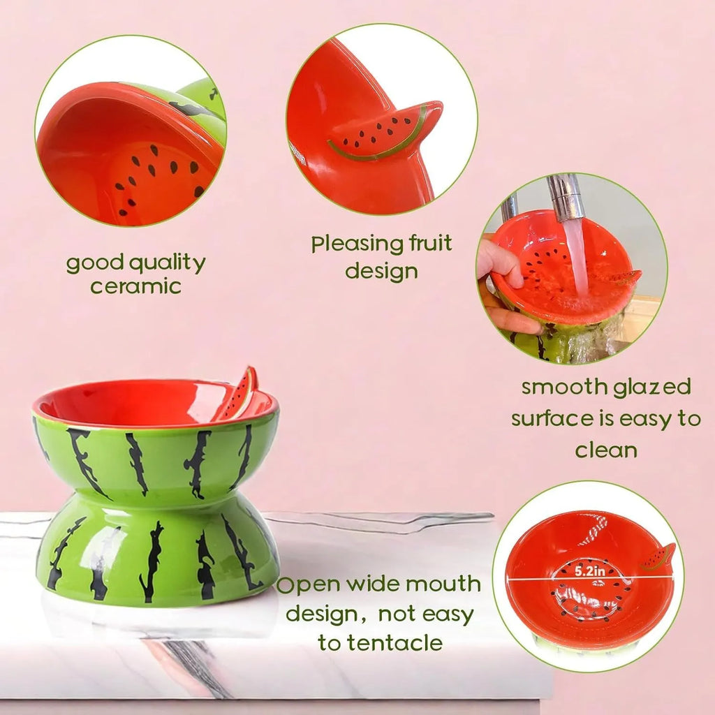 Ceramic raised cat bowl with tilted design in orange pattern, showing elevated feeding station for pets