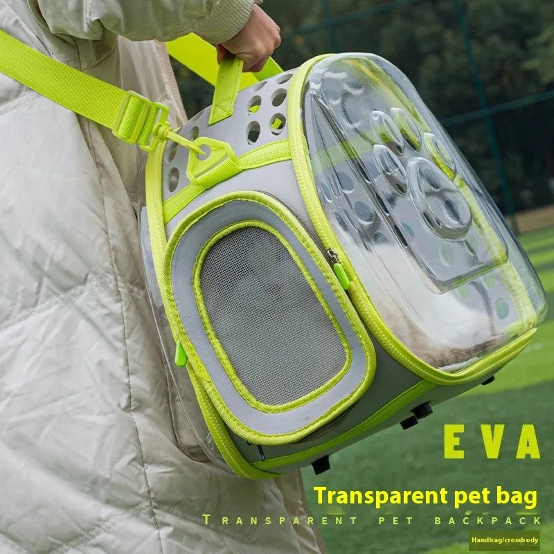 Transparent EVA cat backpack carrier in space capsule design showing interior space