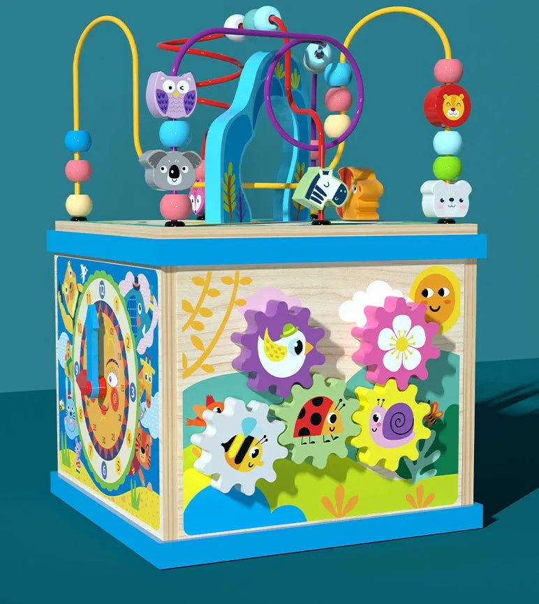 Blue wooden bead treasure box toy with multiple play scenes and bead runs, dimensions 23x23x32cm