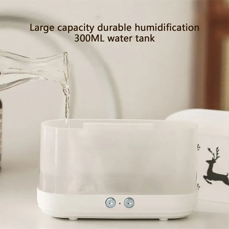 White flame effect humidifier diffuser with LED lighting and Christmas pattern, showing mist output