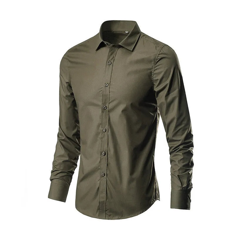 Man wearing a loose-fit long-sleeve linen shirt in a neutral colour, showcasing the casual fit and texture.