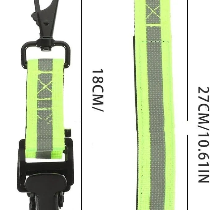 Fluorescent green safety clip with metal buckle and reflective strips for gloves.