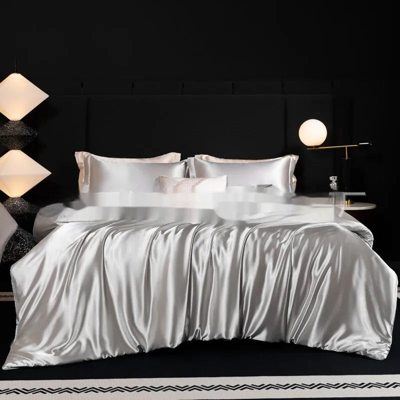 Silk bed sheet four-piece set in solid colour on bed, showing modern simplicity style