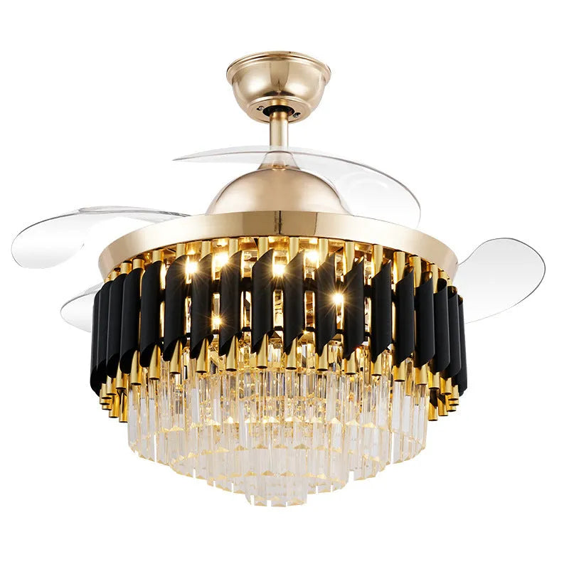 Remote-controlled crystal chandelier ceiling fan light with LED illumination.