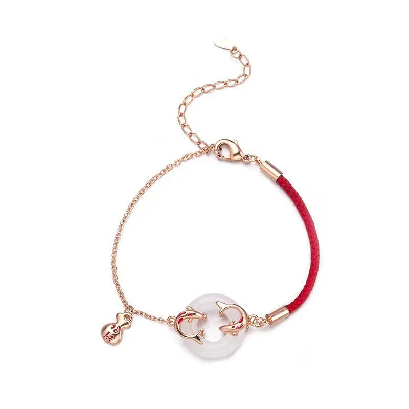 Women's festive koi design bracelet with a peace buckle and red rope, Japanese Korean style.