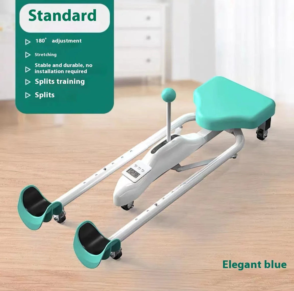 Pink and blue adjustable leg stretching trainer with steel frame and foam padding on a studio floor.