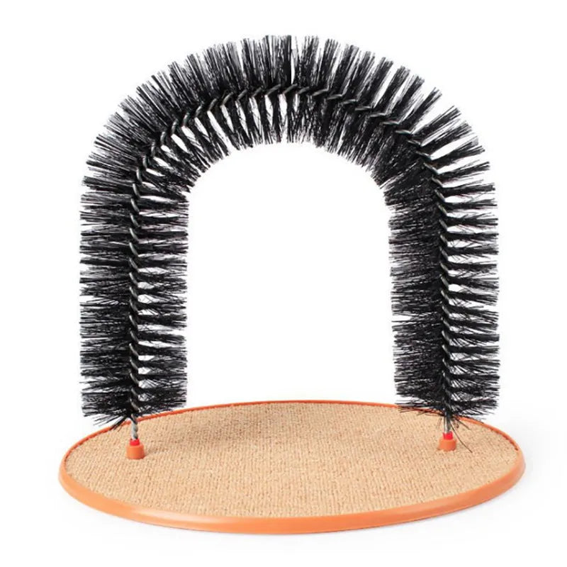 White and grey plastic cat grooming arch scratcher with built-in brush and catnip groove.