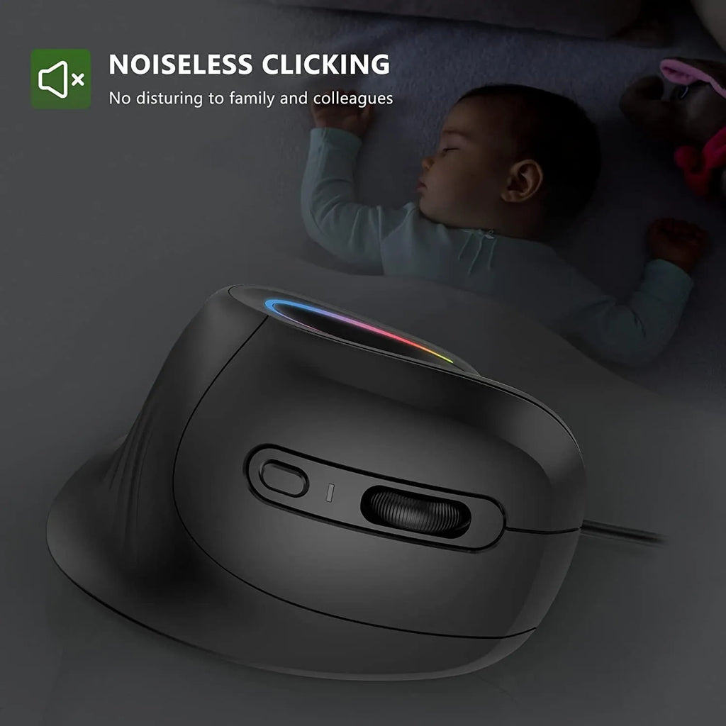 Black vertical Bluetooth mouse with RGB lighting showing ergonomic hand position