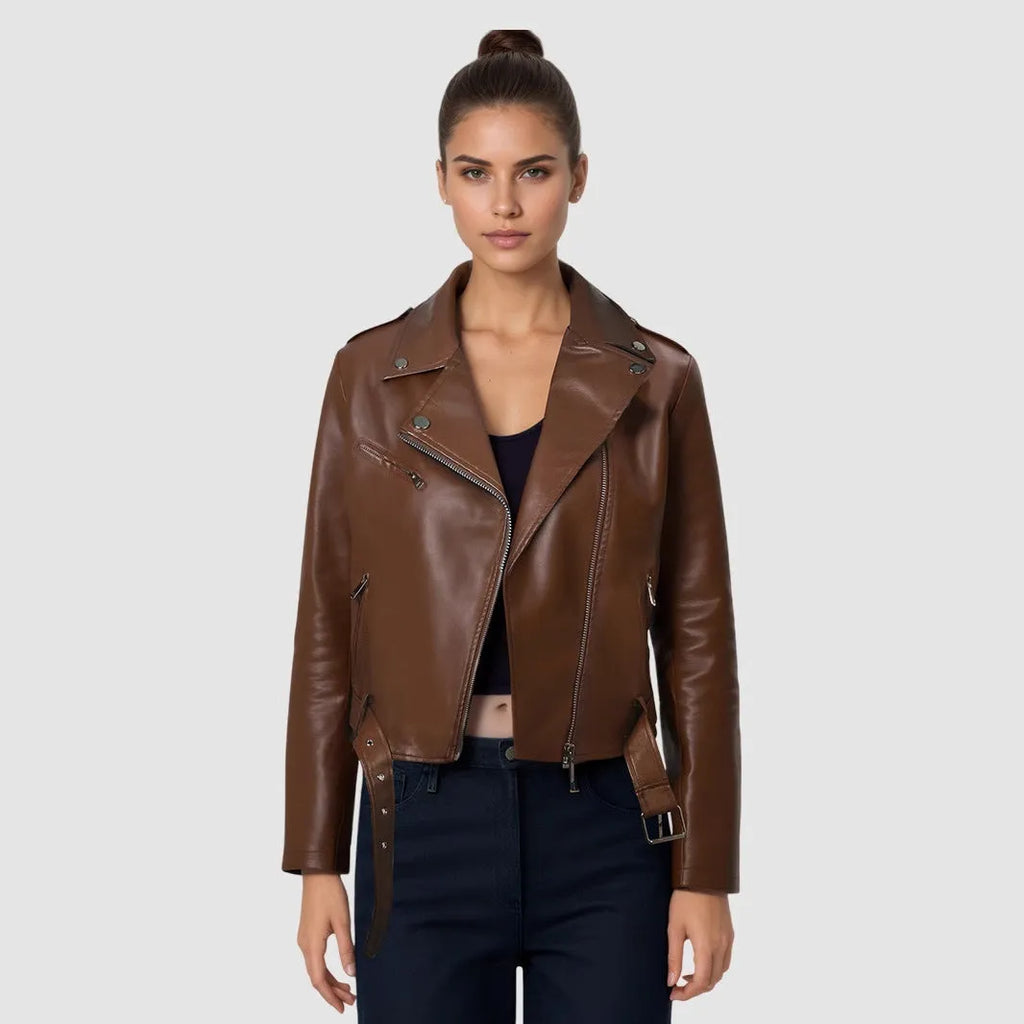 Women's black PU leather motorcycle-style jacket with a lapel collar and waist belt.
