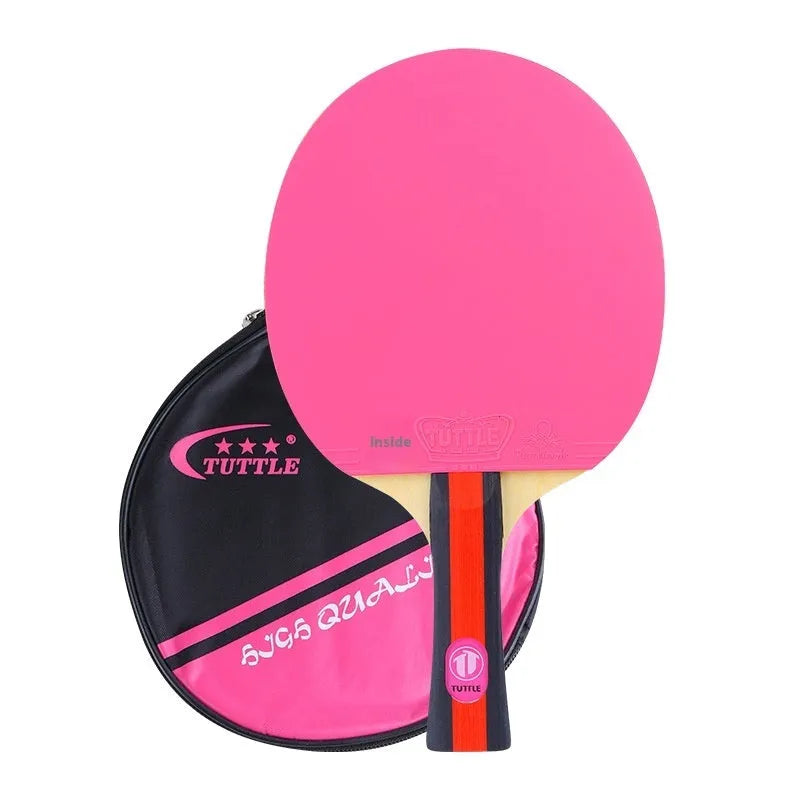Pure wood table tennis racket with long blue shakehand grip handle and matching blue racket cover.