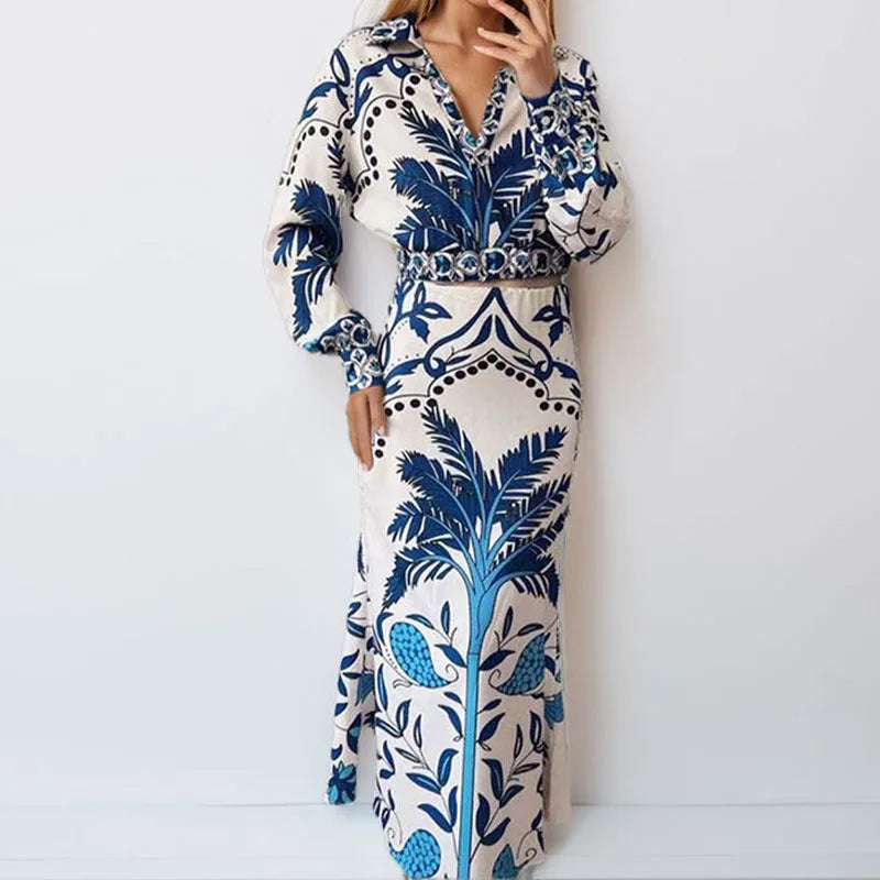 Women's early spring two-piece casual outfit with long sleeve top and long skirt
